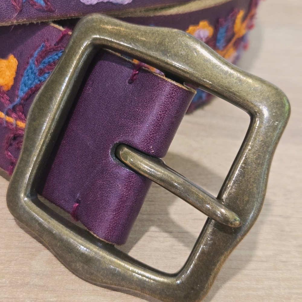 Lucky Brand Belt Women XL Plum Purple Leather Floral Embroidered Brass Cowgirl - Picture 2 of 7